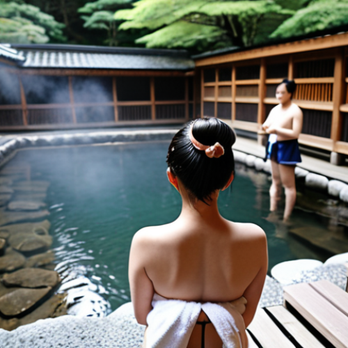 Home 11 A serene onsen scene in Japan. A person with a small towel, carefully following onsen etiquette, with blurred background showing other people enjoying the hot spring. The environment is clean and natural, emphasizing relaxation. Consider a subtle hint of a tattoo covered up, if appropriate, but prioritize general onsen etiquette.