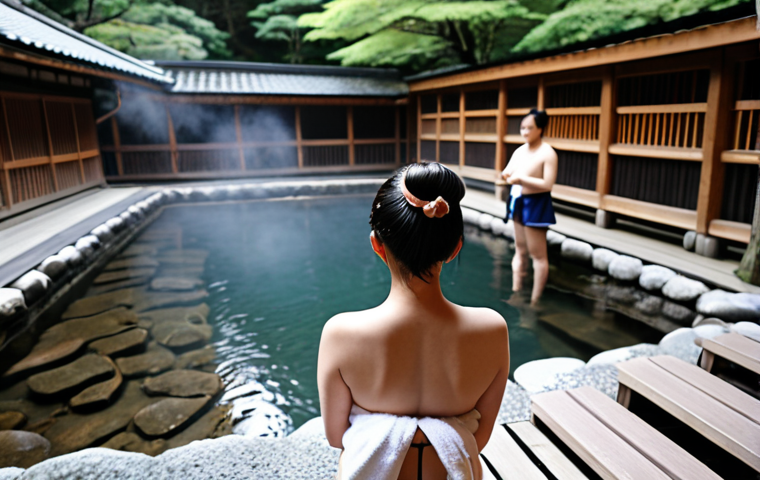 A serene onsen scene in Japan. A person with a small towel, carefully following onsen etiquette, with blurred background showing other people enjoying the hot spring. The environment is clean and natural, emphasizing relaxation. Consider a subtle hint of a tattoo covered up, if appropriate, but prioritize general onsen etiquette.
