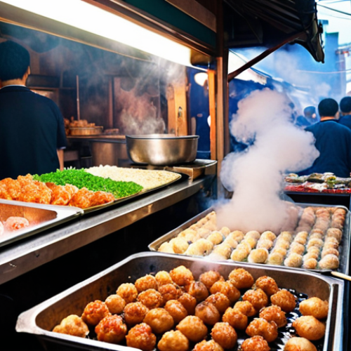 Home 6 **
"Vibrant Japanese market scene, overflowing with colorful produce, fresh seafood, and street food stalls. Focus on the sensory overload of smells and sights, capturing the energy and bustling atmosphere. Takoyaki stall in the foreground, steam rising, enticing customers. Authentic, slightly gritty realism."
**
