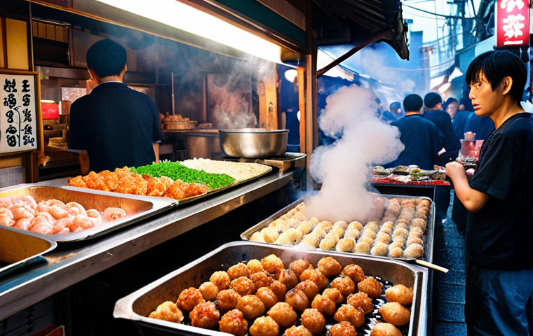 **
"Vibrant Japanese market scene, overflowing with colorful produce, fresh seafood, and street food stalls. Focus on the sensory overload of smells and sights, capturing the energy and bustling atmosphere. Takoyaki stall in the foreground, steam rising, enticing customers. Authentic, slightly gritty realism."
**