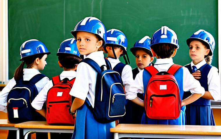 Earthquake Preparedness Drill**
"Elementary school children in Italy, fully clothed in appropriate attire, participating in an earthquake drill in their classroom. They are wearing helmets and carrying emergency backpacks. The classroom is tidy and well-lit. Safe for work, appropriate content, family-friendly, professional photography, perfect anatomy, correct proportions, natural pose, well-formed hands, proper finger count."
**