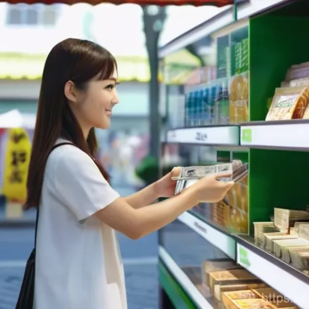 일본 내 주요 은행 및 금융 시스템 - **Prompt:** A bustling, clean street scene in a traditional Japanese shopping district, featuring va...