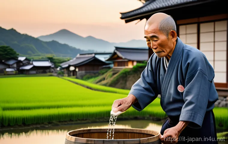 일본 소도시 여행 니가타 - **Sake Tasting & Rice Paddies at Golden Hour:**
A serene, realistic photograph capturing the ess...