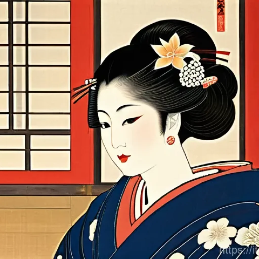 일본 전통 목판화 우키요에 - **Prompt for an Elegant Courtesan (Oiran):**
    "A captivating Ukiyo-e woodblock print in the style...