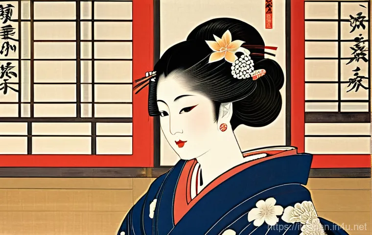 일본 전통 목판화 우키요에 - **Prompt for an Elegant Courtesan (Oiran):**
"A captivating Ukiyo-e woodblock print in the style...