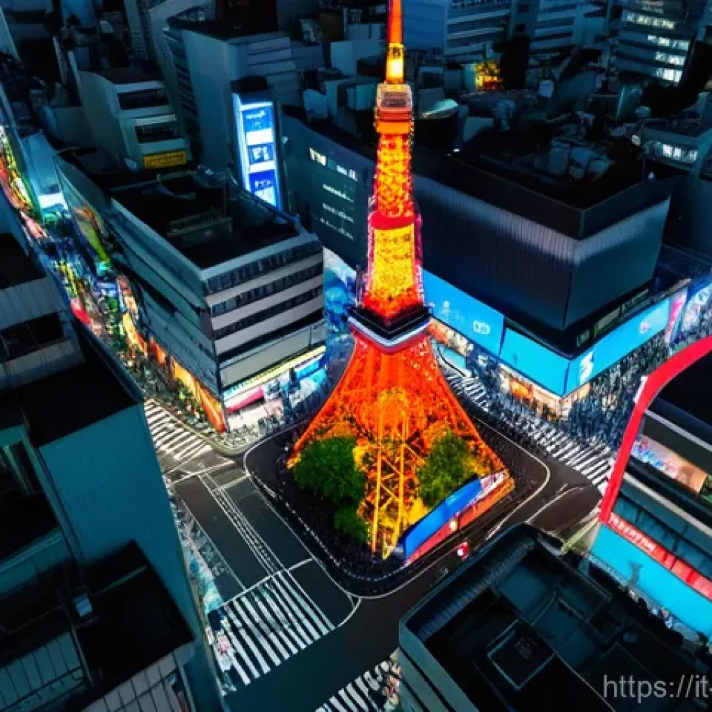 일본 도쿄 여행 가이드 - A bustling, high-angle view of the Shibuya Crossing at night, showcasing a diverse crowd of fully cl...