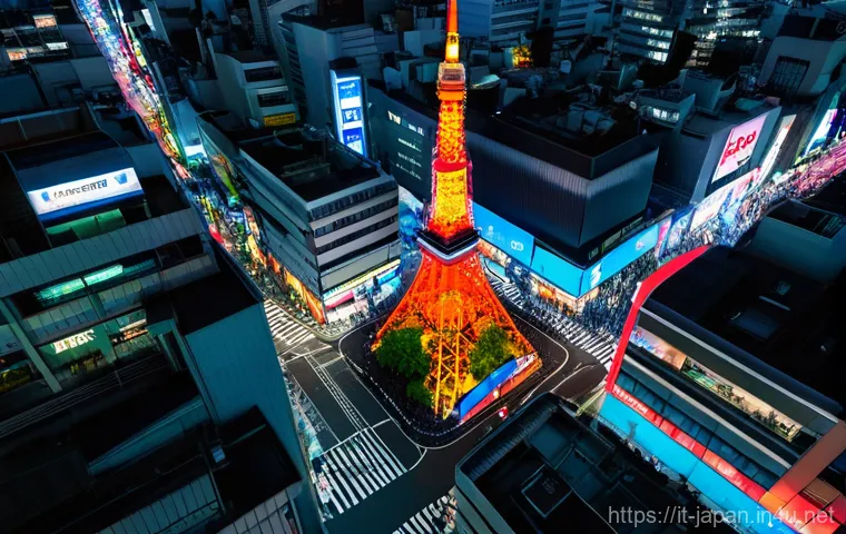 일본 도쿄 여행 가이드 - A bustling, high-angle view of the Shibuya Crossing at night, showcasing a diverse crowd of fully cl...