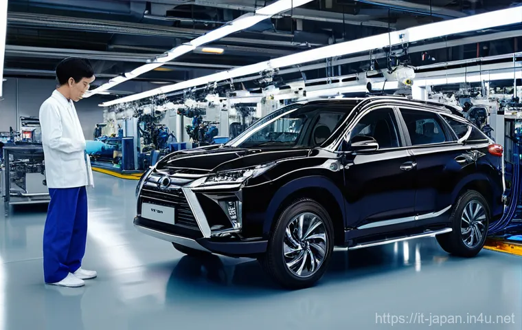 일본의 자동차 산업과 기술 - **Prompt:** A meticulously clean and brightly lit modern automotive engineering lab, showcasing the ...