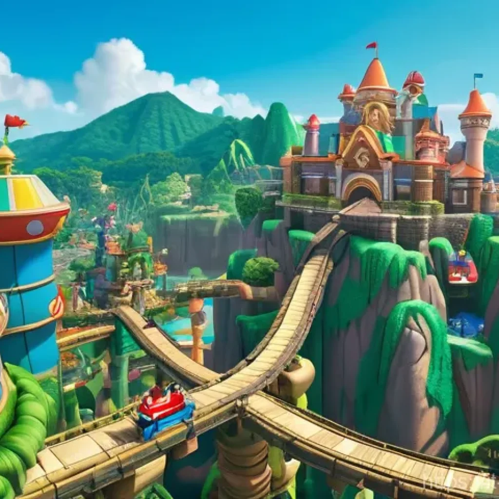 일본 유니버설 스튜디오 - **Prompt:** A vibrant, highly detailed panoramic view of Super Nintendo World at Universal Studios J...