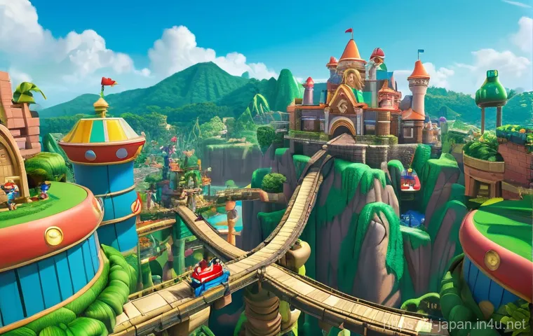 일본 유니버설 스튜디오 - **Prompt:** A vibrant, highly detailed panoramic view of Super Nintendo World at Universal Studios J...