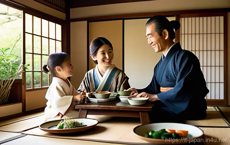 일본 사회의 장수 비결 - **Prompt:** A serene, high-definition photograph depicting a Japanese family of three (a mother, a f...