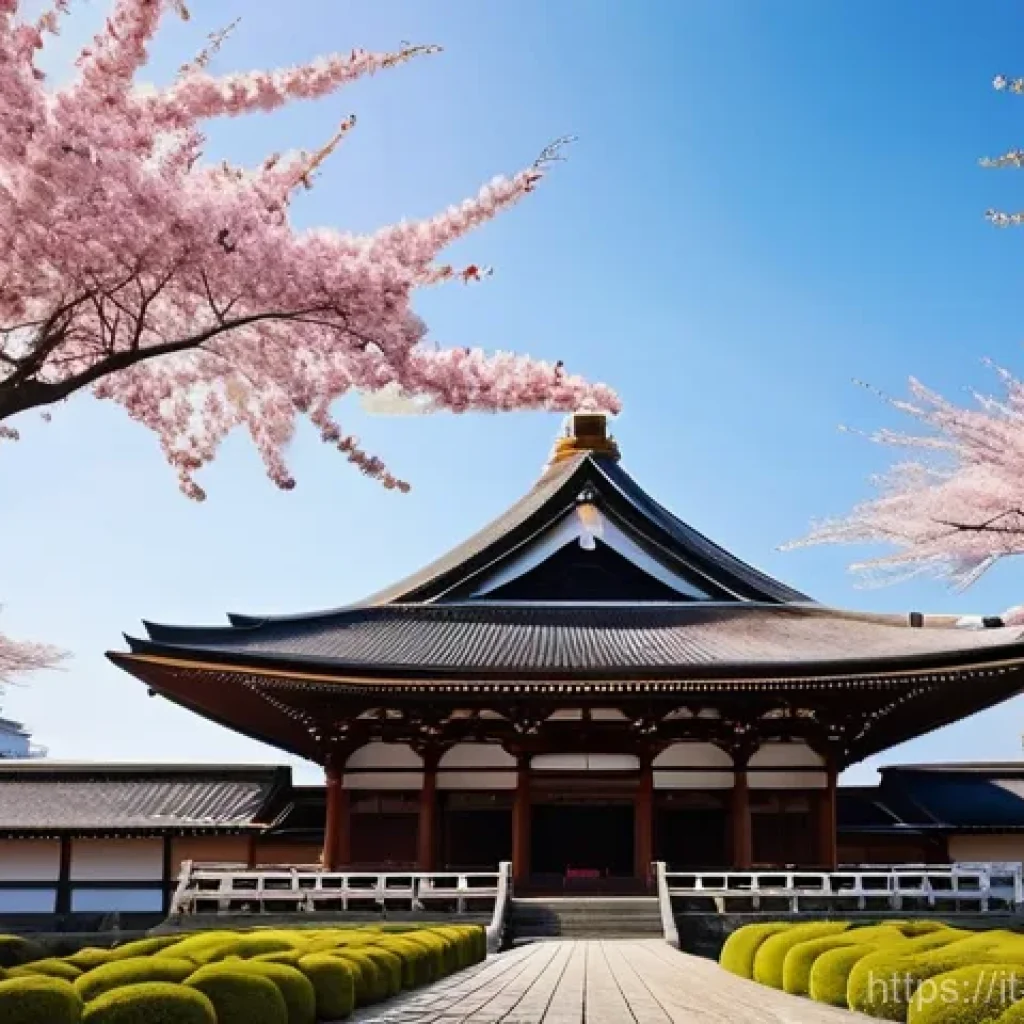 일본의 전통과 현대를 이어주는 문화재 - **Prompt:** A serene and picturesque Japanese temple, featuring traditional wooden architecture and ...