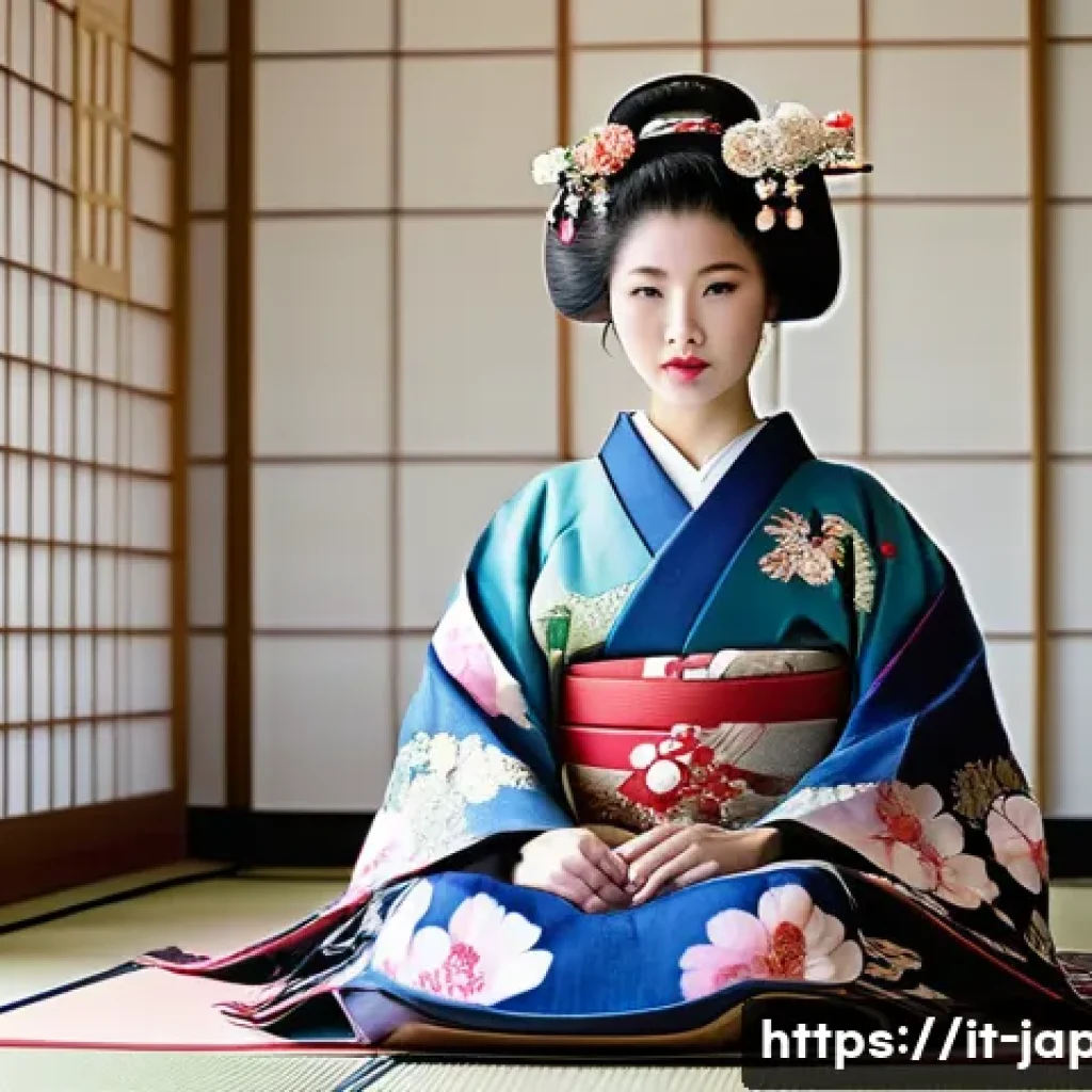 일본 게이샤 문화 - A young Japanese Maiko (apprentice geisha), aged around 17, is seated gracefully on a tatami mat in ...