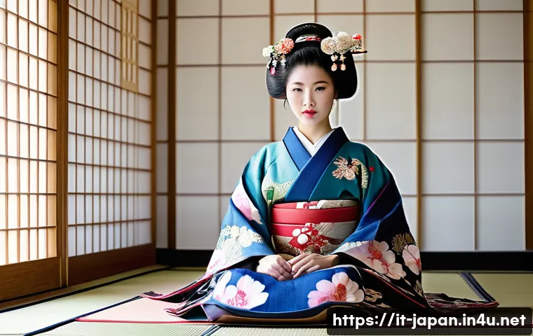 일본 게이샤 문화 - A young Japanese Maiko (apprentice geisha), aged around 17, is seated gracefully on a tatami mat in ...
