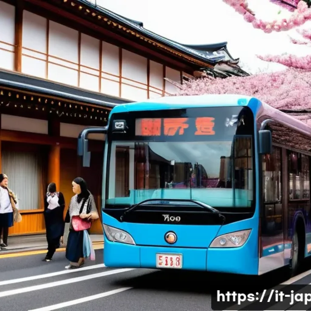 일본 대중교통 패스 종류 - A vibrant urban scene in Kyoto showcasing a diverse group of tourists using a colorful daily city tr...