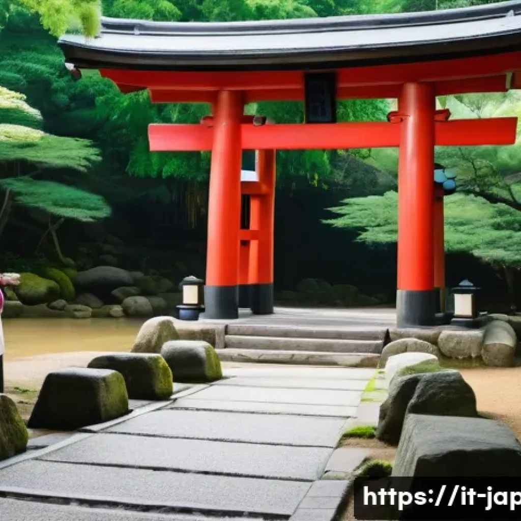 일본 관광 시 주의할 점 - A serene Japanese temple entrance scene during daytime, showing diverse visitors dressed modestly wi...