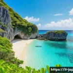 Home 22 일본 오키나와 해변 추천 - A hidden beach in Okinawa during early morning, featuring pristine white sand and crystal-clear turq...