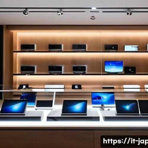 Home 33 일본의 글로벌 브랜드 비교 - A sleek, modern Sony electronics store interior in Tokyo, showcasing the latest high-tech gadgets an...