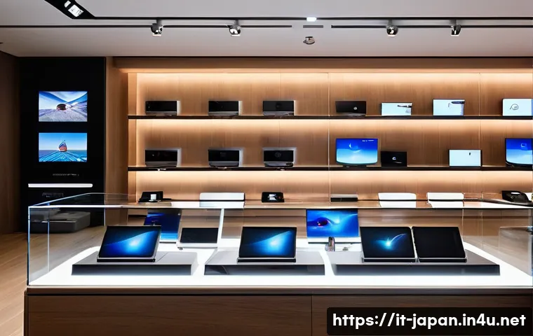 일본의 글로벌 브랜드 비교 - A sleek, modern Sony electronics store interior in Tokyo, showcasing the latest high-tech gadgets an...