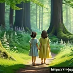 Home 20 일본 유명인 하야오 미야자키 - A serene enchanted forest scene inspired by "My Neighbor Totoro," featuring two young girls wearing ...