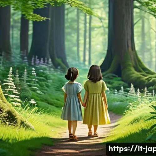 Home 32 일본 유명인 하야오 미야자키 - A serene enchanted forest scene inspired by "My Neighbor Totoro," featuring two young girls wearing ...