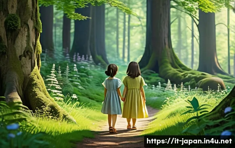 일본 유명인 하야오 미야자키 - A serene enchanted forest scene inspired by "My Neighbor Totoro," featuring two young girls wearing ...