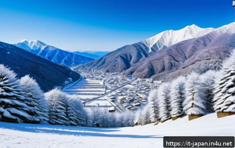일본 나가노 스키장 리뷰 - A panoramic winter scene of Nagano’s ski resort area showing diverse ski slopes suitable for all lev...
