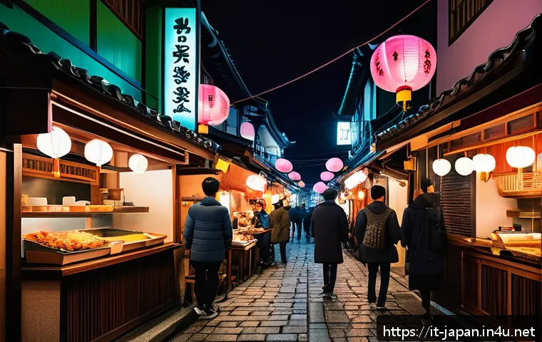 일본 유명 관광지 도톤보리 - A vibrant nighttime street scene in a Japanese neighborhood blending traditional and modern elements...
